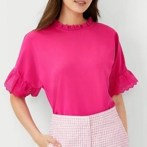 Ann Taylor NWOT Mixed Media Eyelet Ruffle Trim Top Pink flare